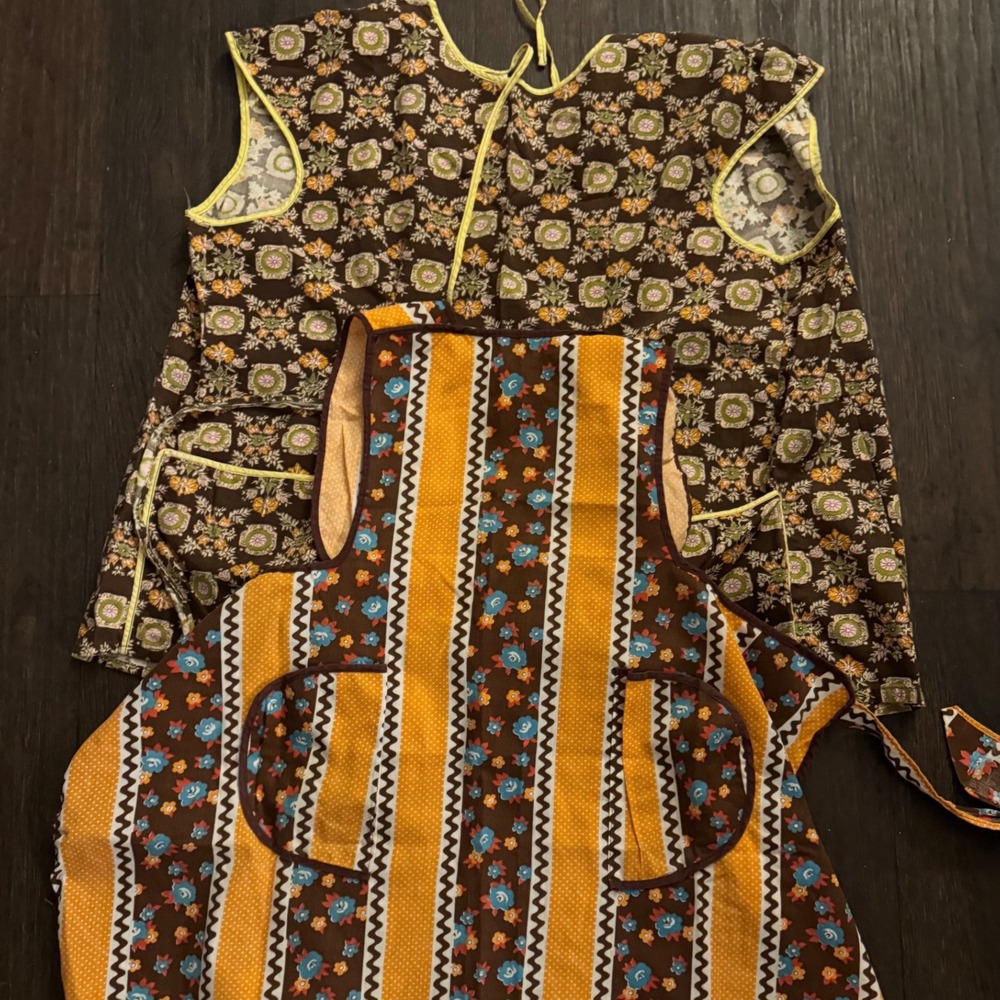 Vintage 2 Apron Set Smock Bib Floral Striped Brown Yellow Retro Mid Century